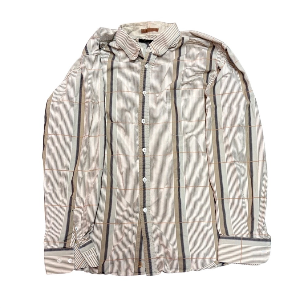 Island Soft Cotton Silk Blend Striped Button Down Shirt Tan Brown Mens Large SEE